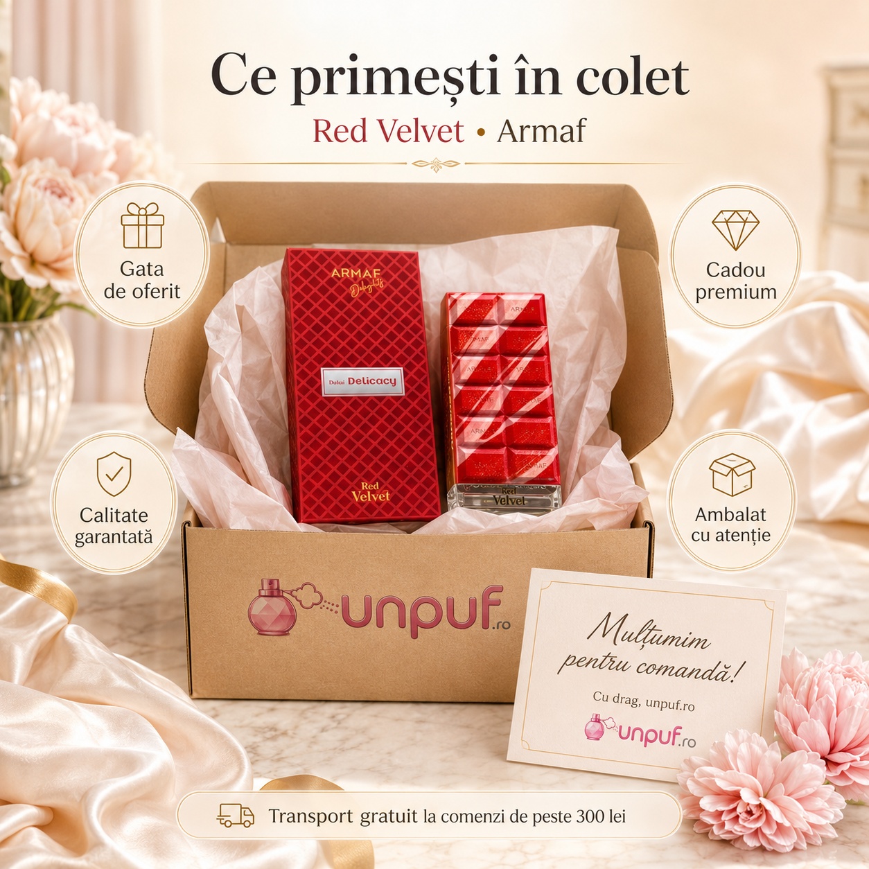 Ce primești &icirc;n colet Armaf Red Velvet 70 ml parfum original, cutie premium și ambalare atentă