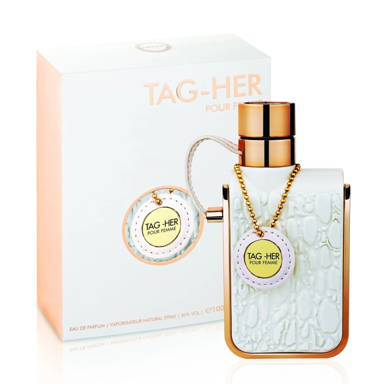 Cutie originală Armaf Tag Her 100 ml și flacon alb cu accente aurii parfum pentru damă