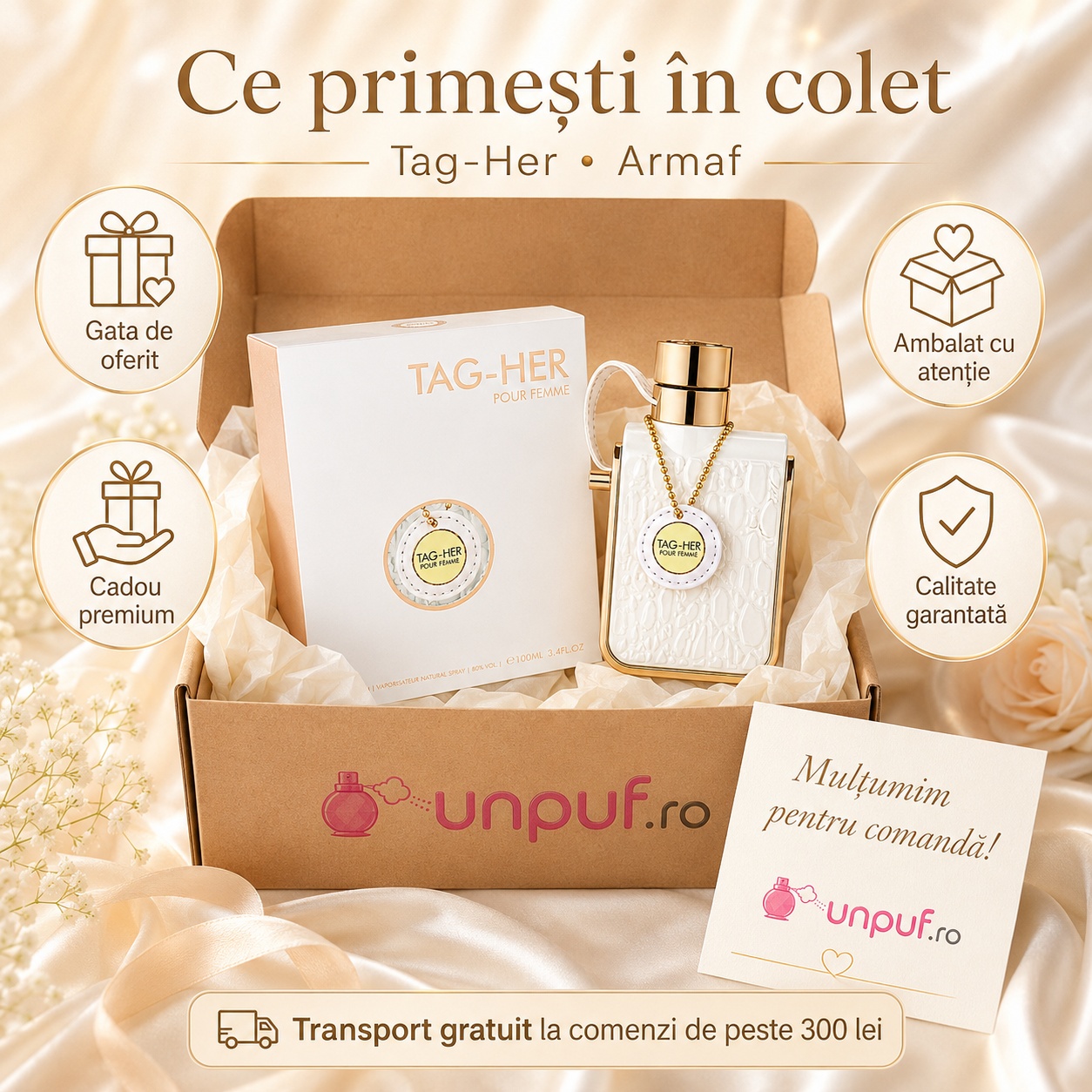 Ce primești &icirc;n colet Armaf Tag Her 100 ml parfum original, cutie premium și ambalare atentă