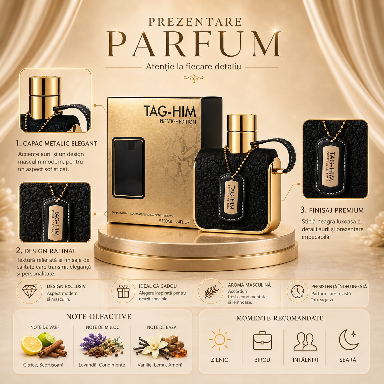 Prezentare Armaf Tag Him Prestige Edition cu capac metalic elegant, design rafinat, finisaj premium, citrice, scorțișoară, lavandă, vanilie, lemn și ambră