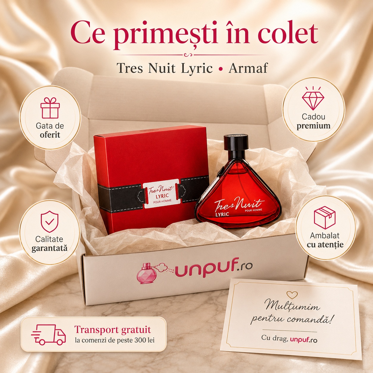 Ce primești &icirc;n colet Armaf Tres Nuit Lyric 100 ml parfum original cutie premium și ambalare atentă