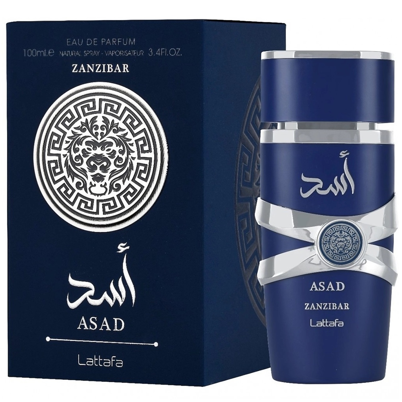 Produs real Asad Zanzibar Lattafa 100 ml cu sticlă albastră și cutie originală