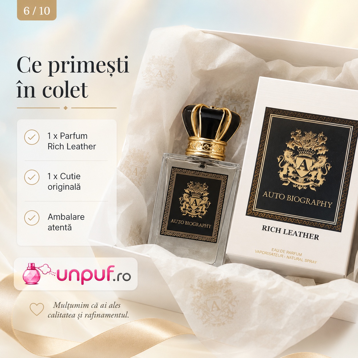 Ce primești &icirc;n colet Autobiography Rich Leather 50 ml parfum original cutie originală și ambalare atentă