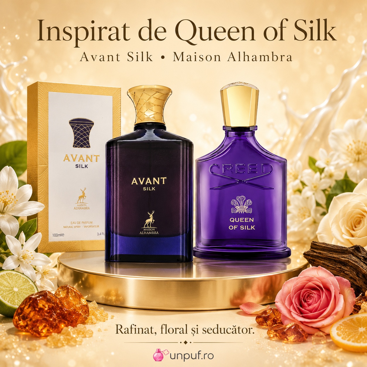 Parfum Avant Silk Maison Alhambra inspirat de Queen Of Silk Creed, rafinat, floral și seducător