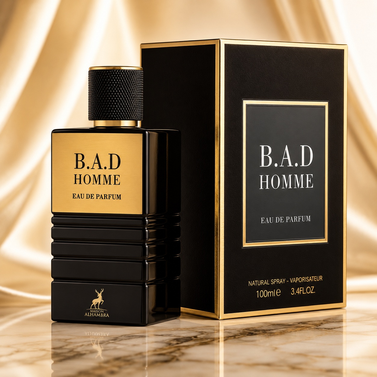 Parfum Arăbesc B.A.D. Homme Maison Alhambra 100 ml cu sticlă neagră, etichetă aurie și cutie premium