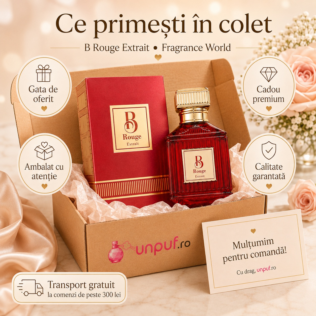 Ce primești &icirc;n colet B Rouge Extrait Fragrance World 100 ml parfum unisex ambalat cu atenție cadou premium