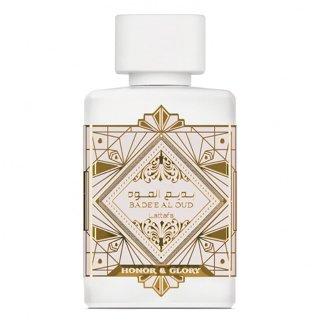 Flacon original Lattafa Bade&rsquo;e Al Oud Honor & Glory 100 ml alb mat cu etichetă aurie orientală și capac alb