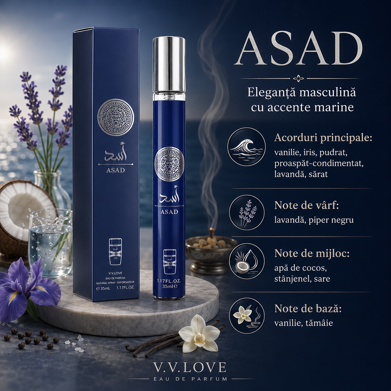 Note olfactive parfum Asad lavandă piper negru apă de cocos st&acirc;njenel sare vanilie tăm&acirc;ie