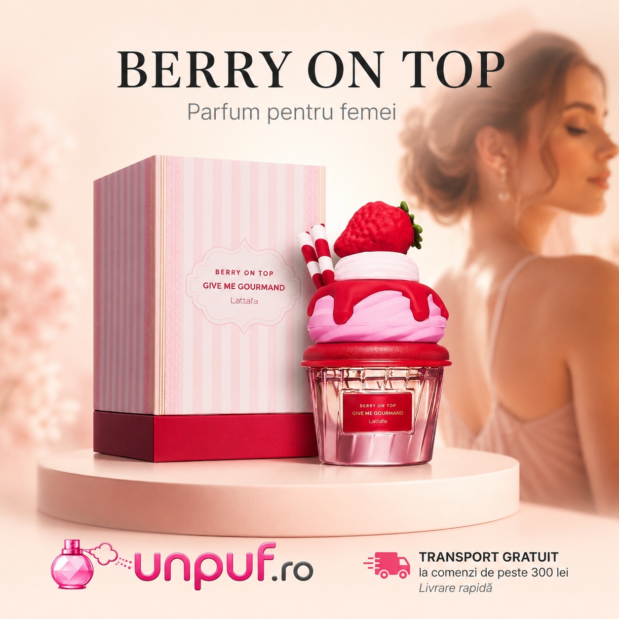 Berry On Top Lattafa parfum pentru femei cu flacon roz și cutie premium