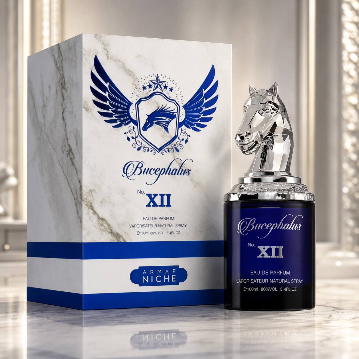 Parfum Arăbesc Armaf Bucephalus No. XII 100 ml cu flacon albastru intens, capac sculptural argintiu și cutie albă premium