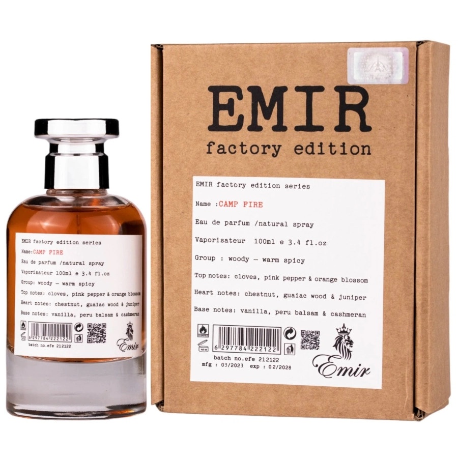 Cutie originală Camp Fire Factory Edition Emir 100 ml și flacon amber cu etichetă albă