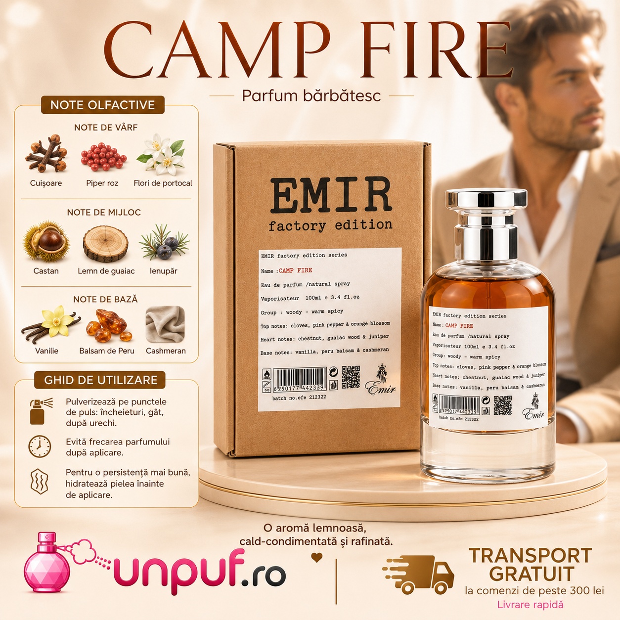Camp Fire Emir parfum cu note de cuișoare, piper roz, flori de portocal, castan, lemn de guaiac, ienupăr, vanilie, Balsam de Peru și cașmiran