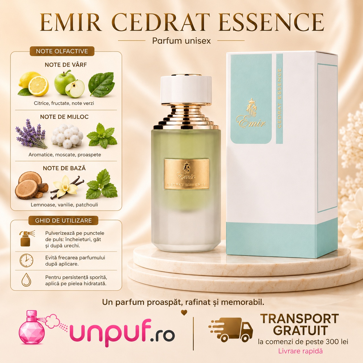 Cedrat Essense Emir ghid de utilizare cu note citrice, fructate, aromatice, lemnoase, vanilie și paciuli