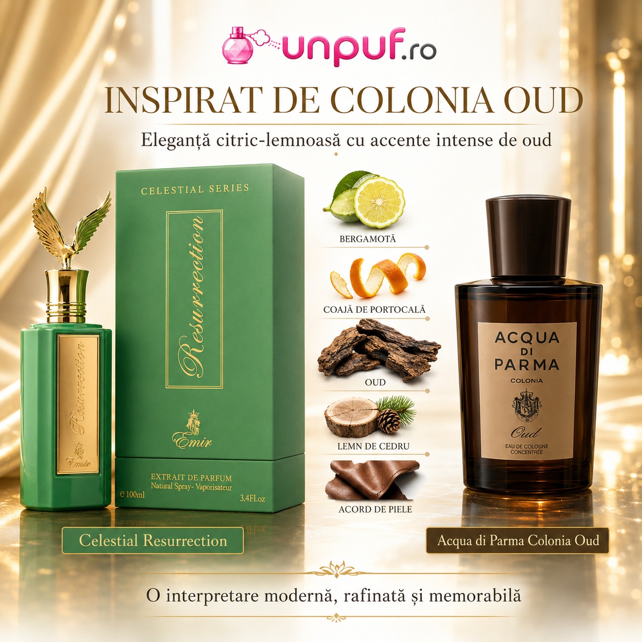 Celestial Resurrection Emir inspirat de Colonia Oud cu bergamotă, coajă de portocală, oud, lemn de cedru și acord de piele