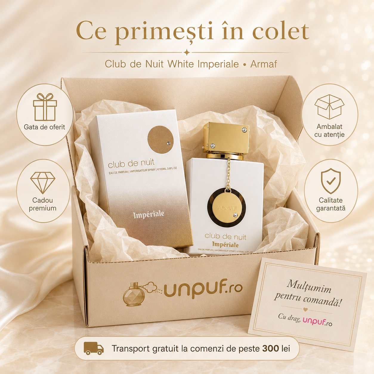 Ce primești &icirc;n colet Club De Nuit White Imperiale Armaf 105 ml parfum original, cutie premium, ambalare atentă și cadou premium