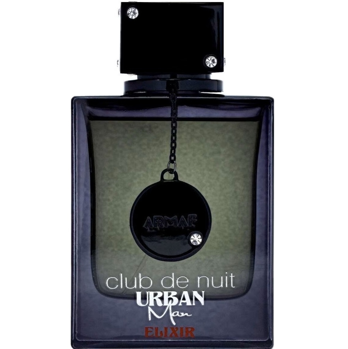 Flacon original Club De Nuit Urban Man Elixir Armaf 105 ml negru fumuriu cu capac pătrat și medalion rotund Armaf