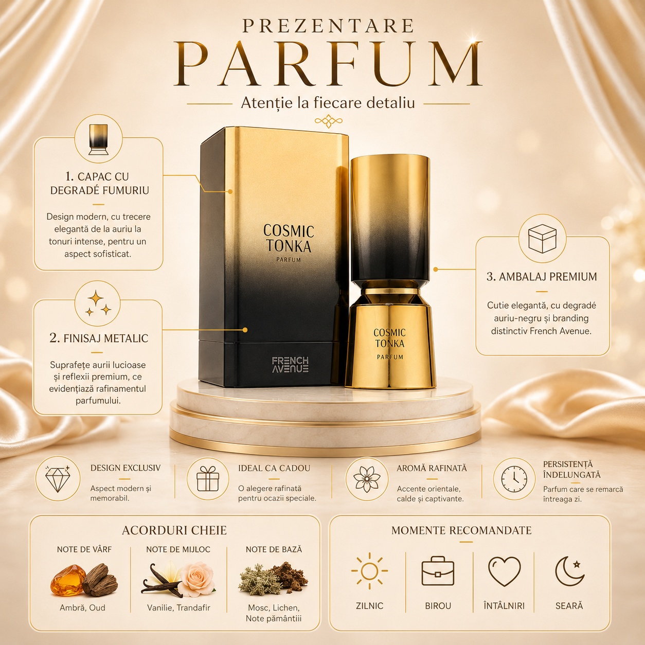 Prezentare parfum Cosmic Tonka French Avenue cu capac degrade fumuriu, finisaj metalic, ambalaj premium și acorduri cheie