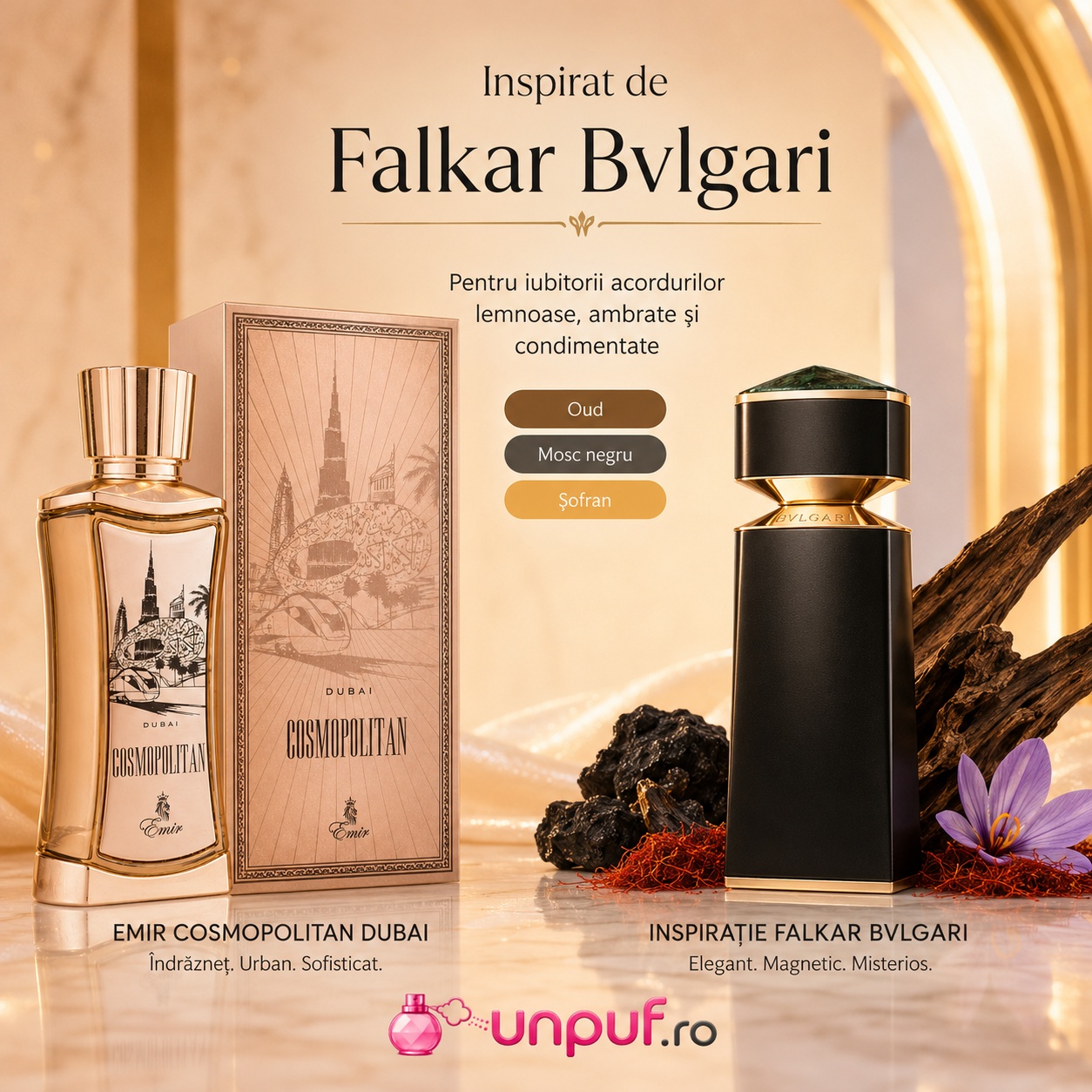 Cosmopolitan Dubai Emir inspirat de Falkar Bvlgari pentru iubitorii acordurilor lemnoase, ambrate și condimentate