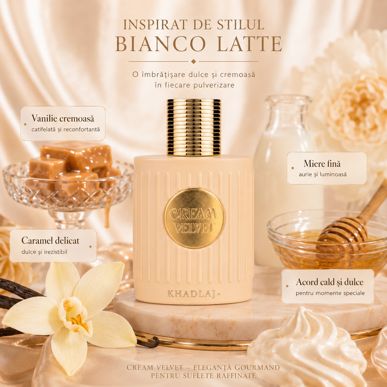 Cream Velvet inspirat de stilul Bianco Latte, parfum cremos cu vanilie, caramel, miere și acord cald dulce