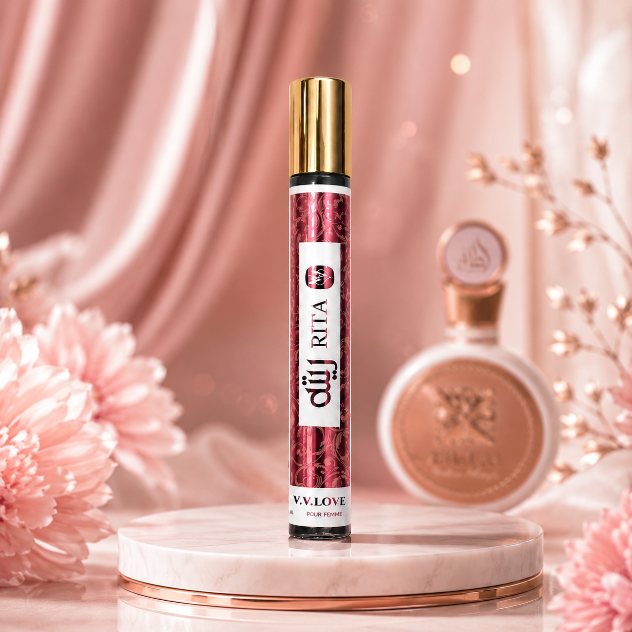 Rita V.V. Love parfum damă 35 ml sticla singură pe fundal roz pudrat elegant