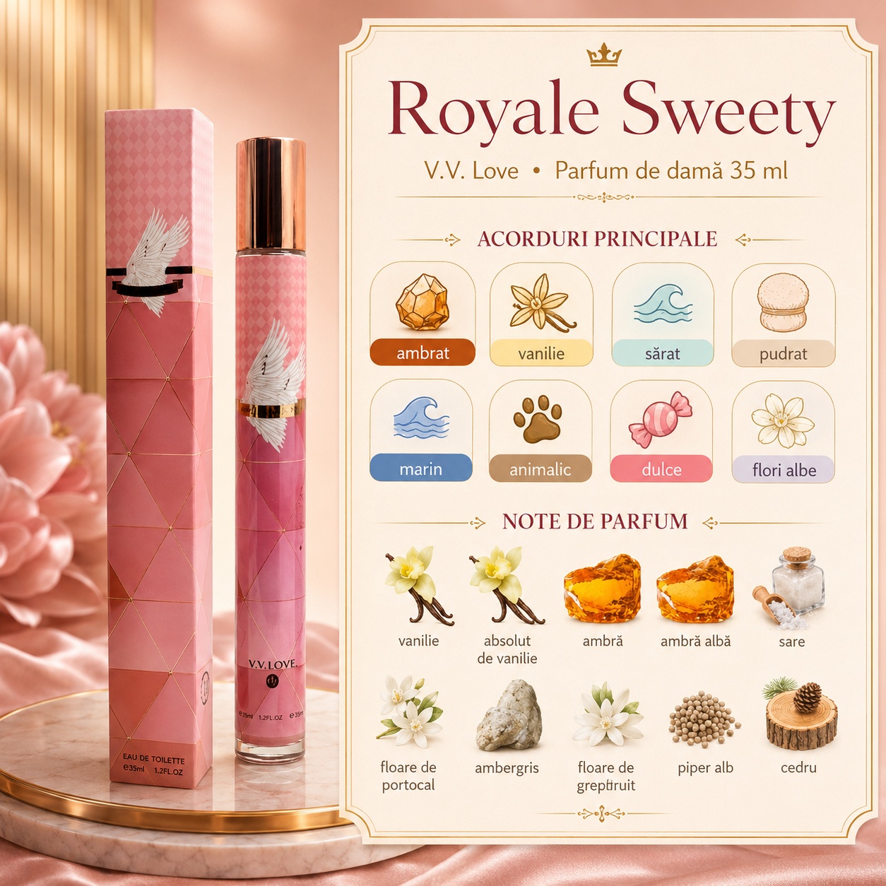 Note olfactive parfum Royal Sweety vanilie ambrată accent sărat atingere marină