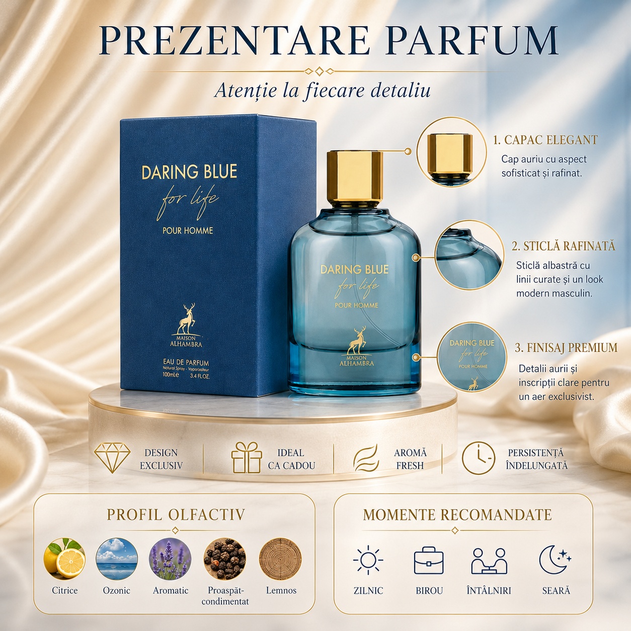 Prezentare parfum Daring Blue For Life Maison Alhambra cu detalii premium, profil olfactiv și momente recomandate