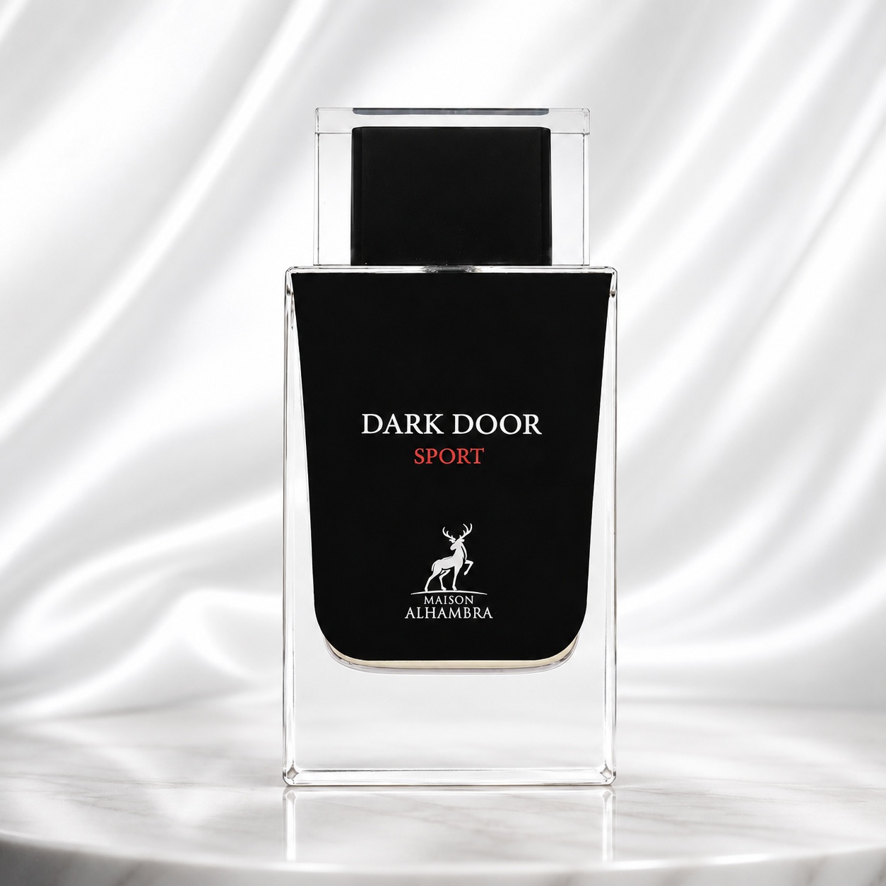 Sticlă parfum Dark Door Sport Maison Alhambra 100 ml pe fundal luminos premium