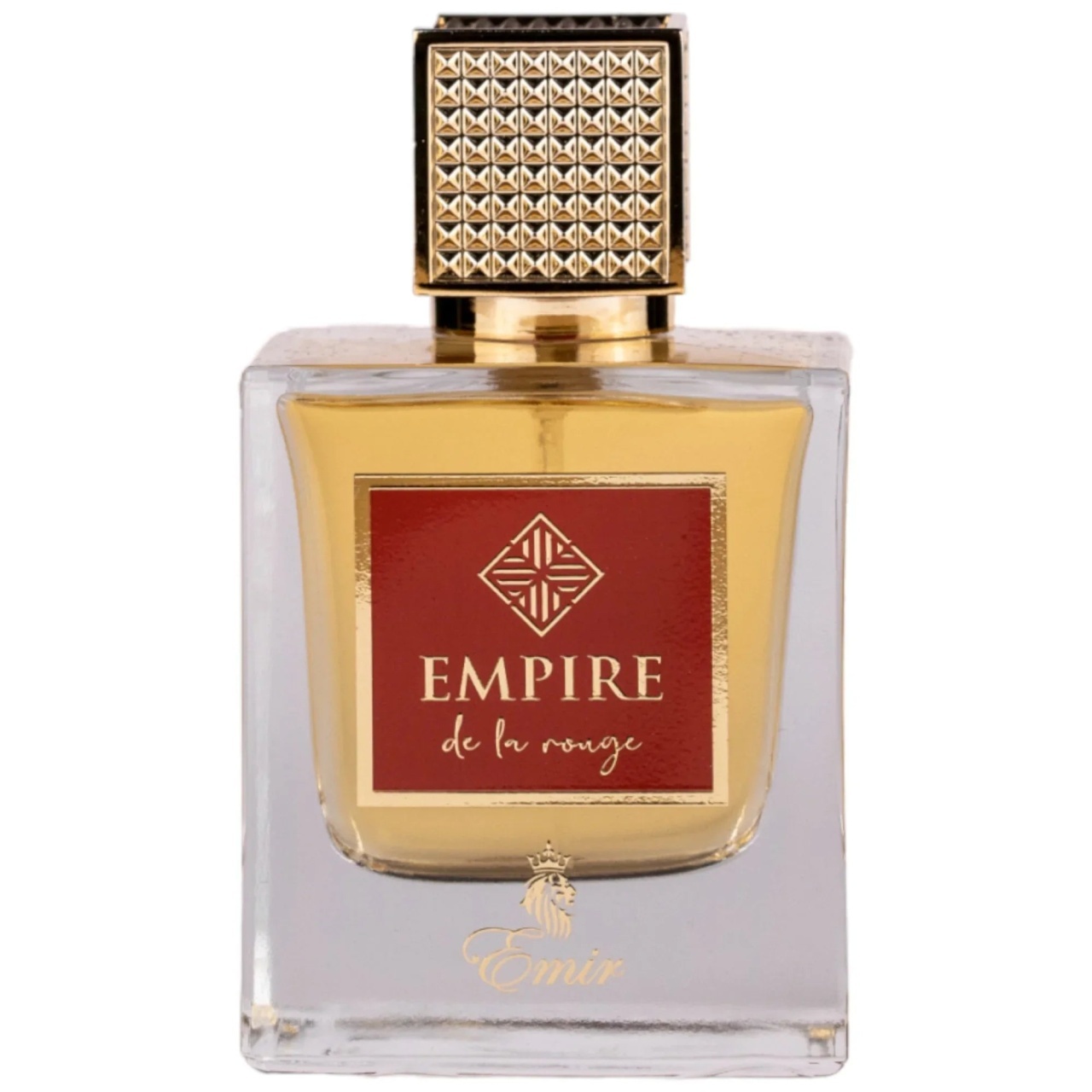 Flacon original Emir Empire De La Rouge 100 ml cu etichetă roșie, capac auriu texturat și lichid ambrat