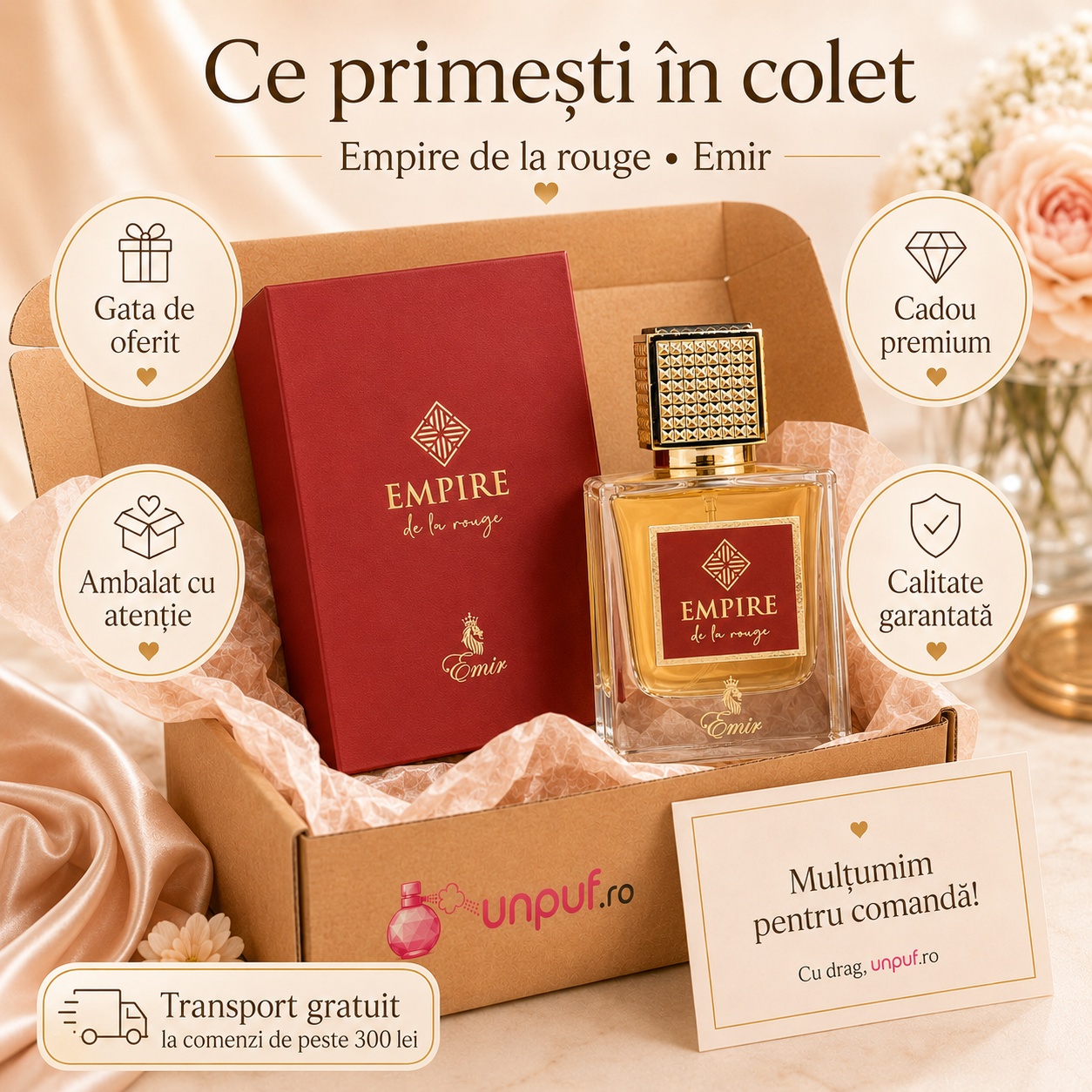 Ce primești &icirc;n colet Empire De La Rouge Emir 100 ml parfum original, cutie premium, ambalare atentă, cadou premium și calitate garantată