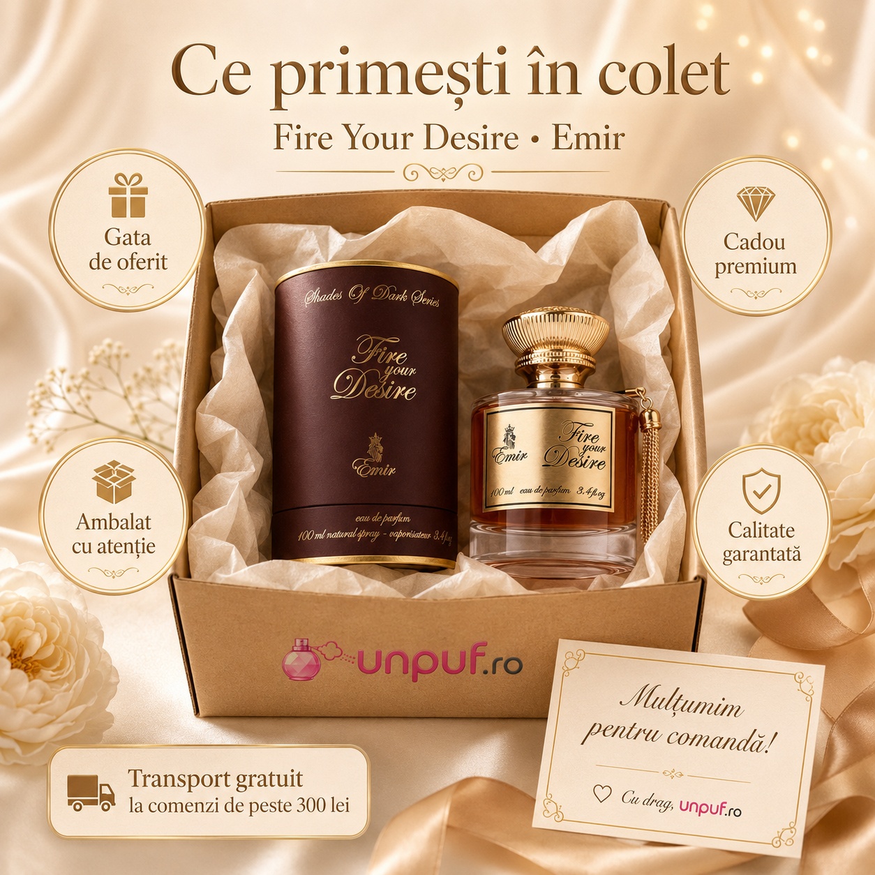 Ce primești &icirc;n colet Emir Fire Your Desire 100 ml parfum original, cutie premium și ambalare atentă