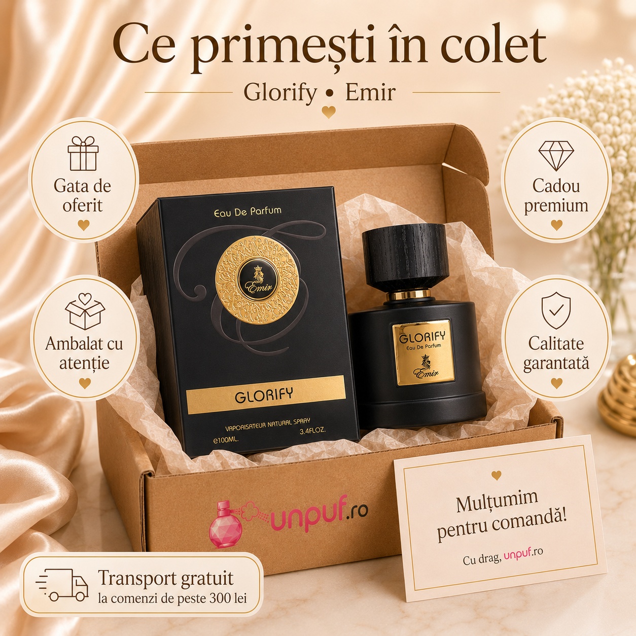Ce primești &icirc;n colet Emir Glorify 100 ml parfum original, cutie premium, ambalare atentă și cadou premium