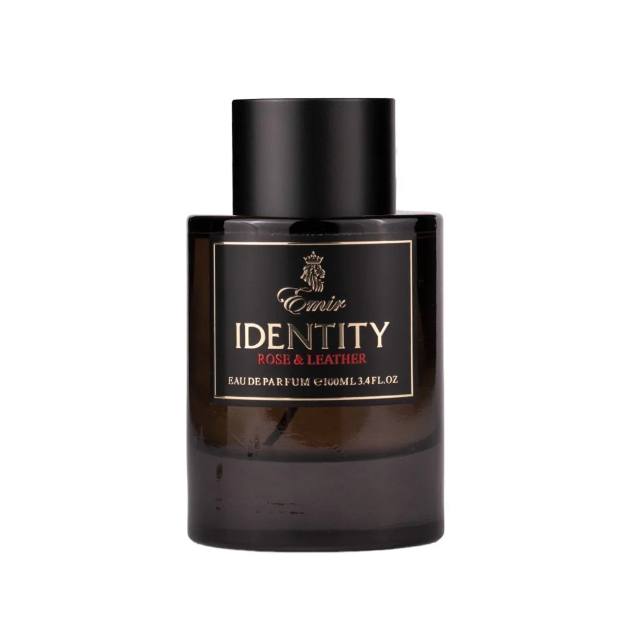 Flacon original Emir Identity Rose & Leather 100 ml negru fumuriu cu etichetă neagră, text auriu și capac negru