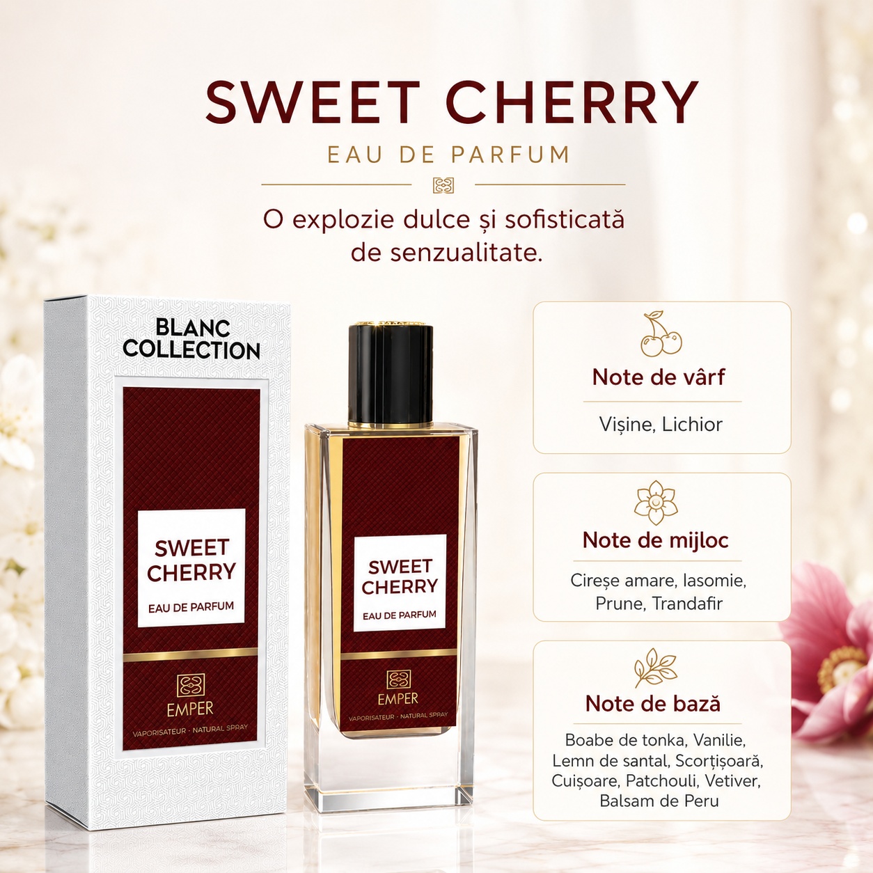 Note olfactive Sweet Cherry Emper cu vișine, lichior, cireșe amare, iasomie, trandafir, tonka, vanilie, lemn de santal și scorțișoară