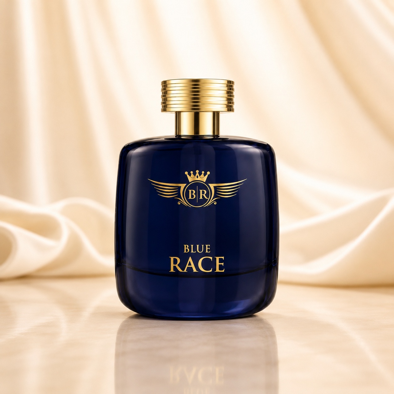 Sticlă parfum Emper Blue Race 100 ml albastră cu capac auriu pe fundal luminos premium
