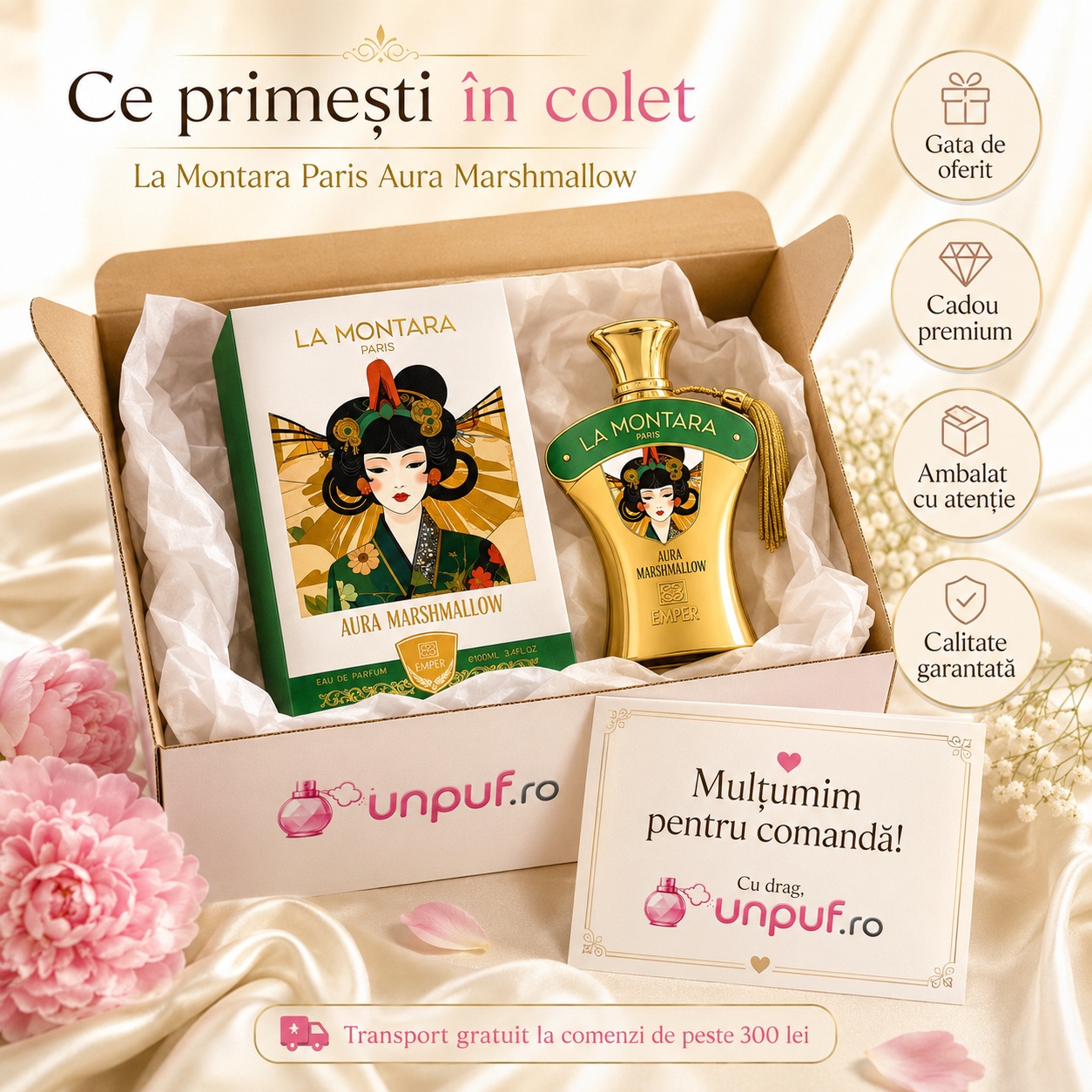 Colet parfum Aura Marshmallow Emper La Montara Paris ambalat cu atenție, cadou premium și card de mulțumire unpuf.ro