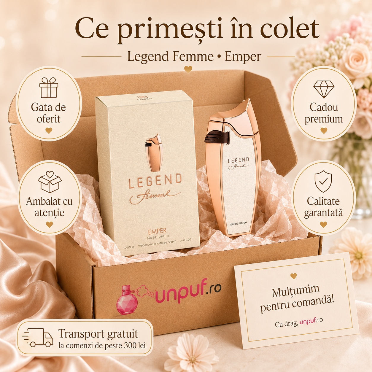 Colet parfum Emper Legend Femme ambalat cu atenție, gata de oferit cadou premium, cu brand unpuf.ro