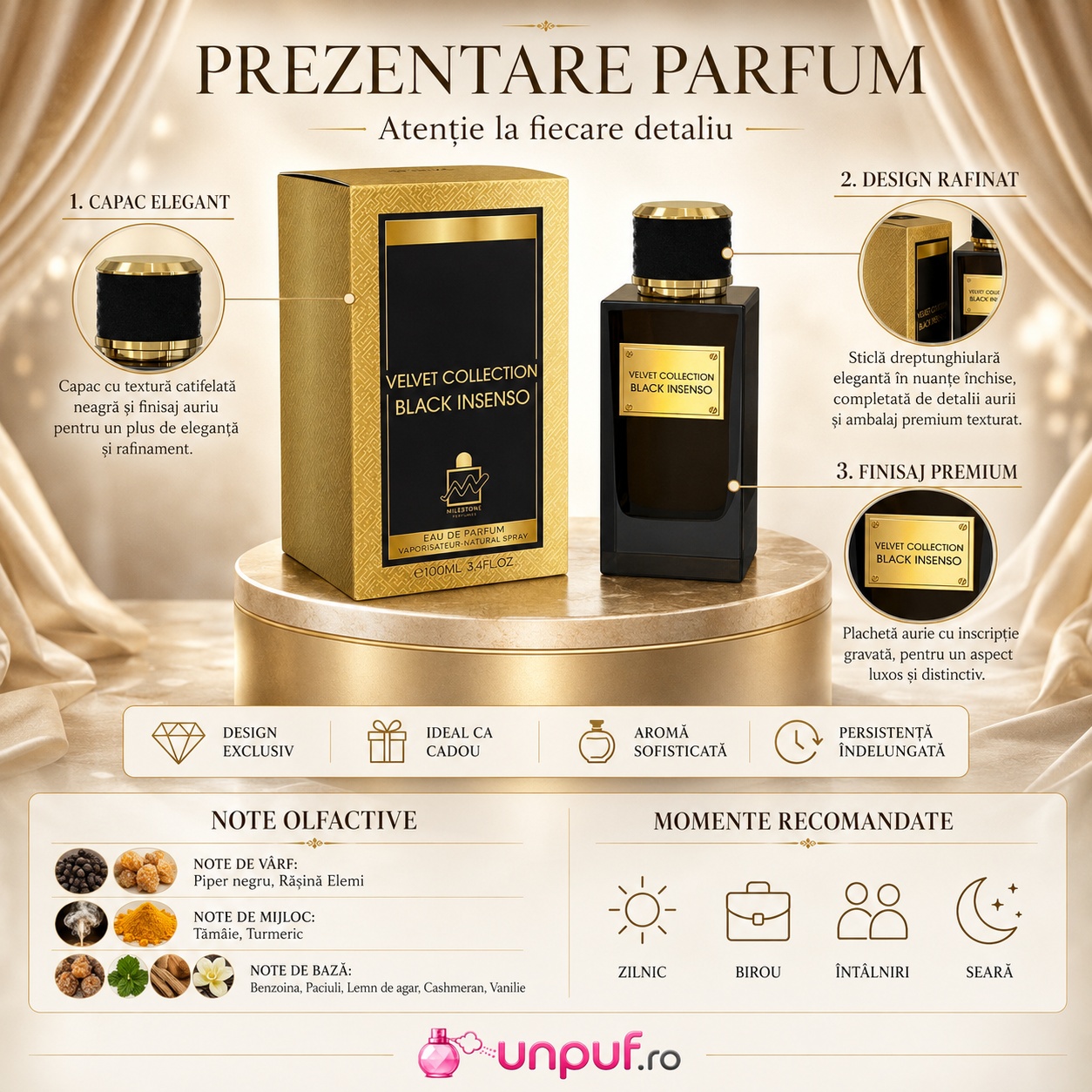 Prezentare parfum Emper Black Insenso cu detalii premium, capac elegant, design rafinat și note olfactive