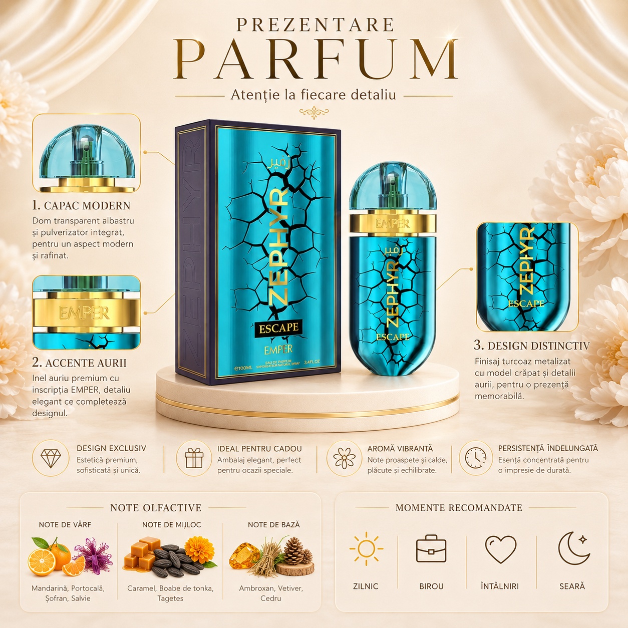 Prezentare parfum Emper Zephyr Escape cu capac modern, accente aurii, design distinctiv și note olfactive