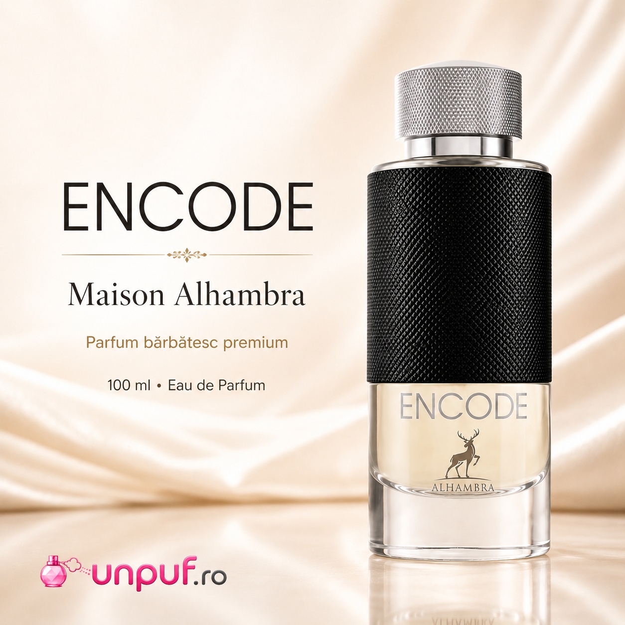 Sticlă parfum Encode Maison Alhambra 100 ml pe fundal satinat premium