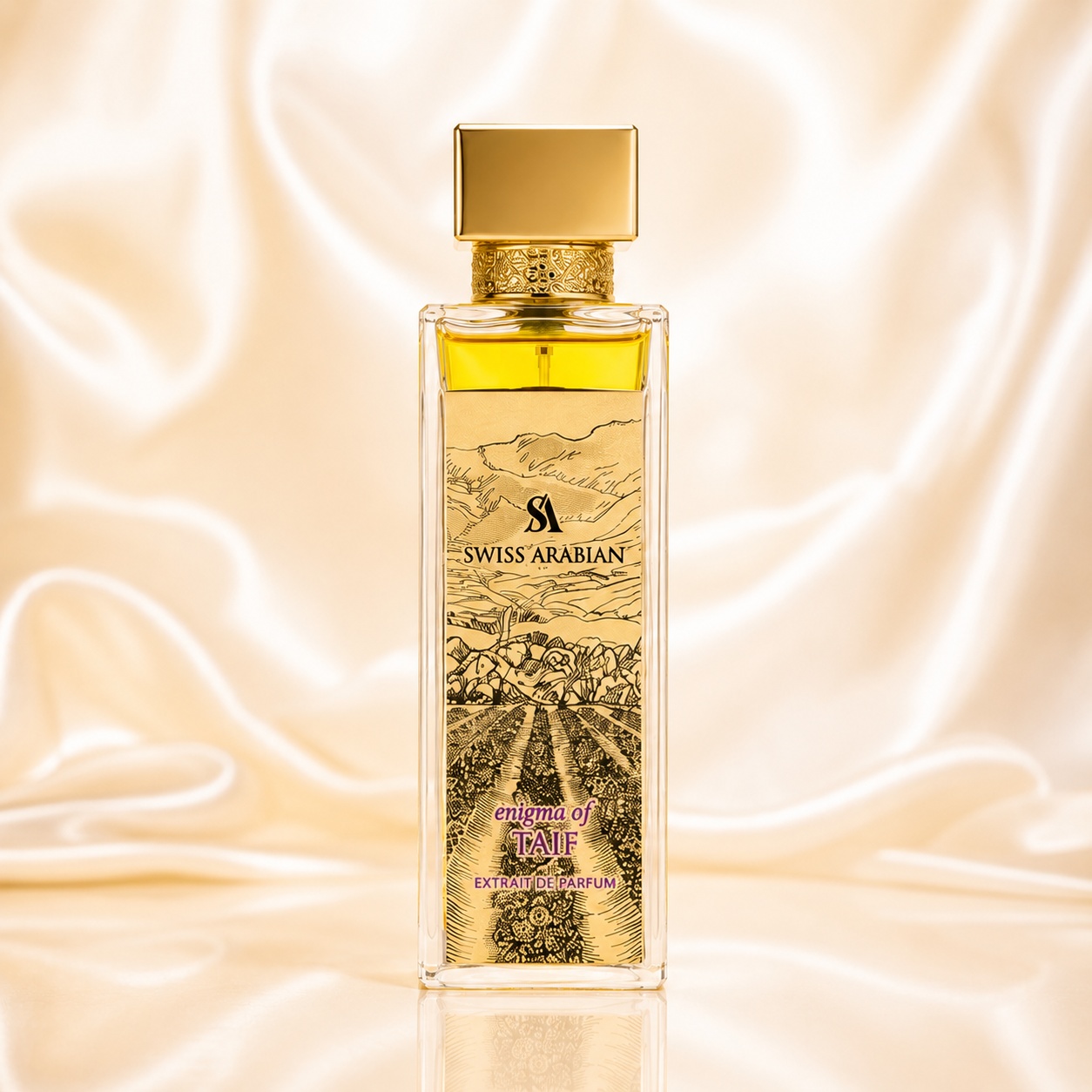 Flacon Enigma of Taif Swiss Arabian 100 ml cu lichid auriu capac elegant și design floral oriental