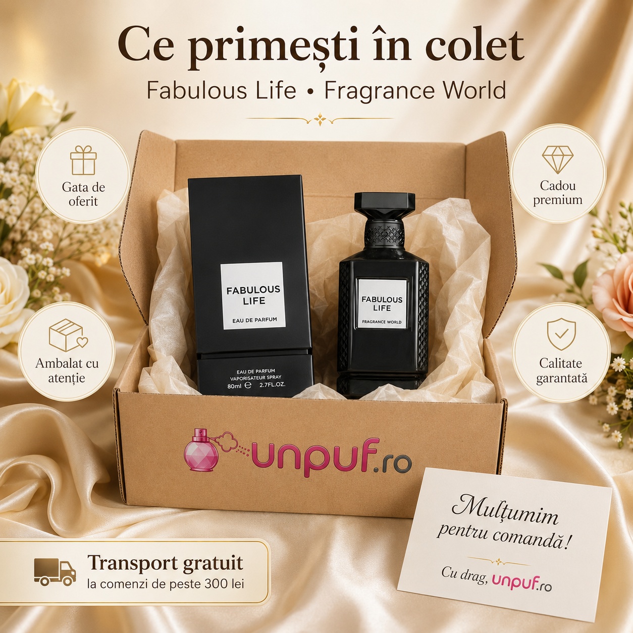 Ce primești &icirc;n colet Fabulous Life Fragrance World 80 ml parfum original, cutie premium, ambalare atentă și cadou premium