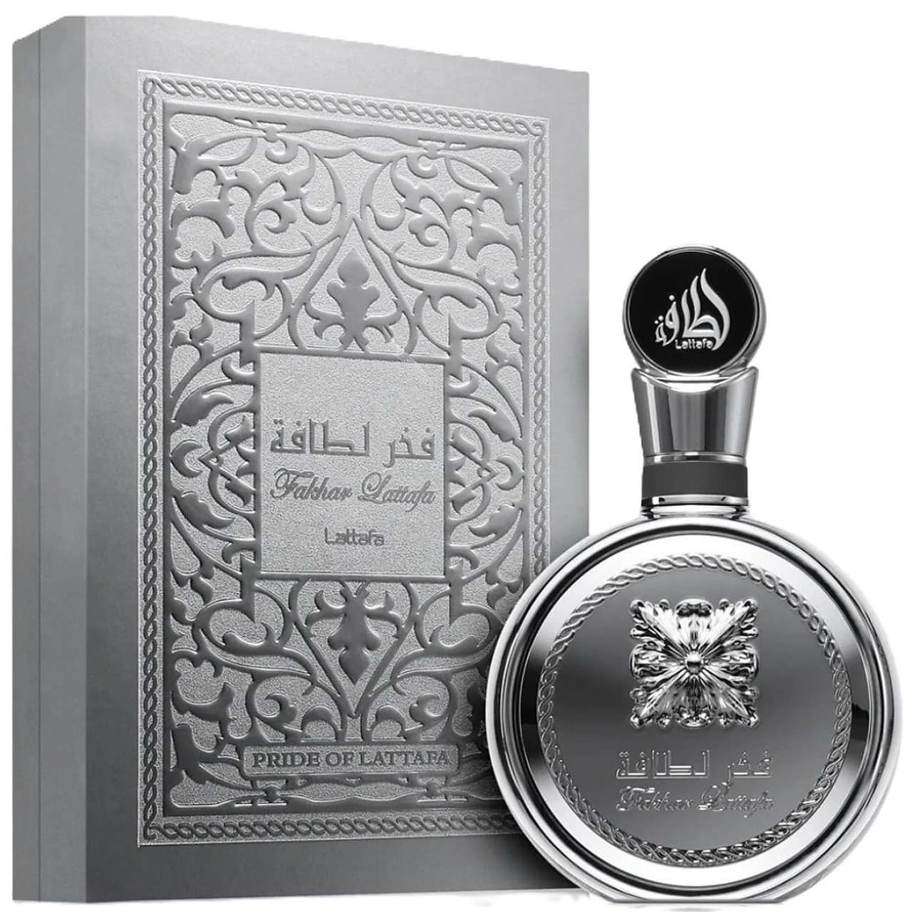 Cutie originală Fakhar Platin Lattafa Pride 100 ml și flacon parfum arabesc bărbătesc