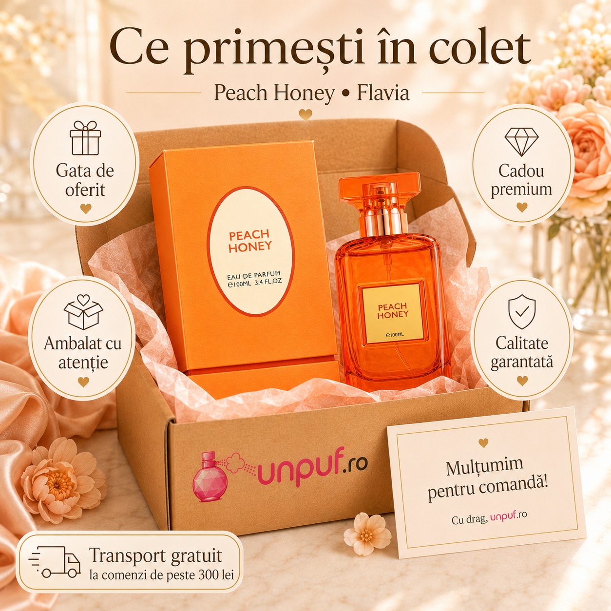Ce primești în colet Flavia Peach Honey 100 ml, parfum original ambalat cu atenție și cadou premium