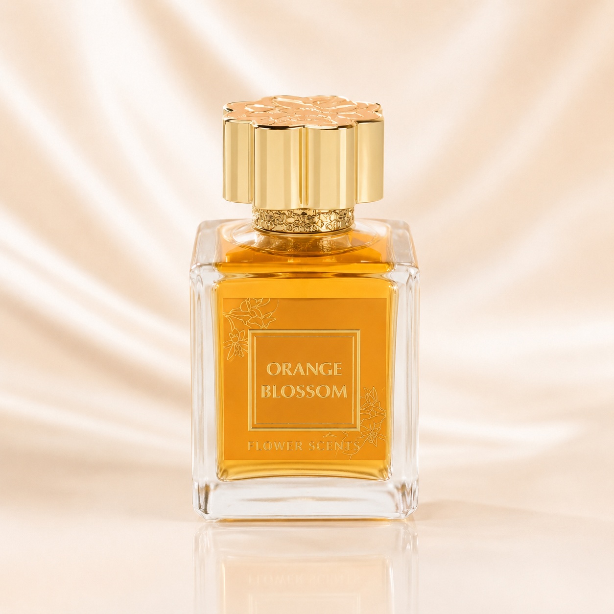 Sticlă parfum Flower Scents Orange Blossom, flacon portocaliu cu capac auriu floral