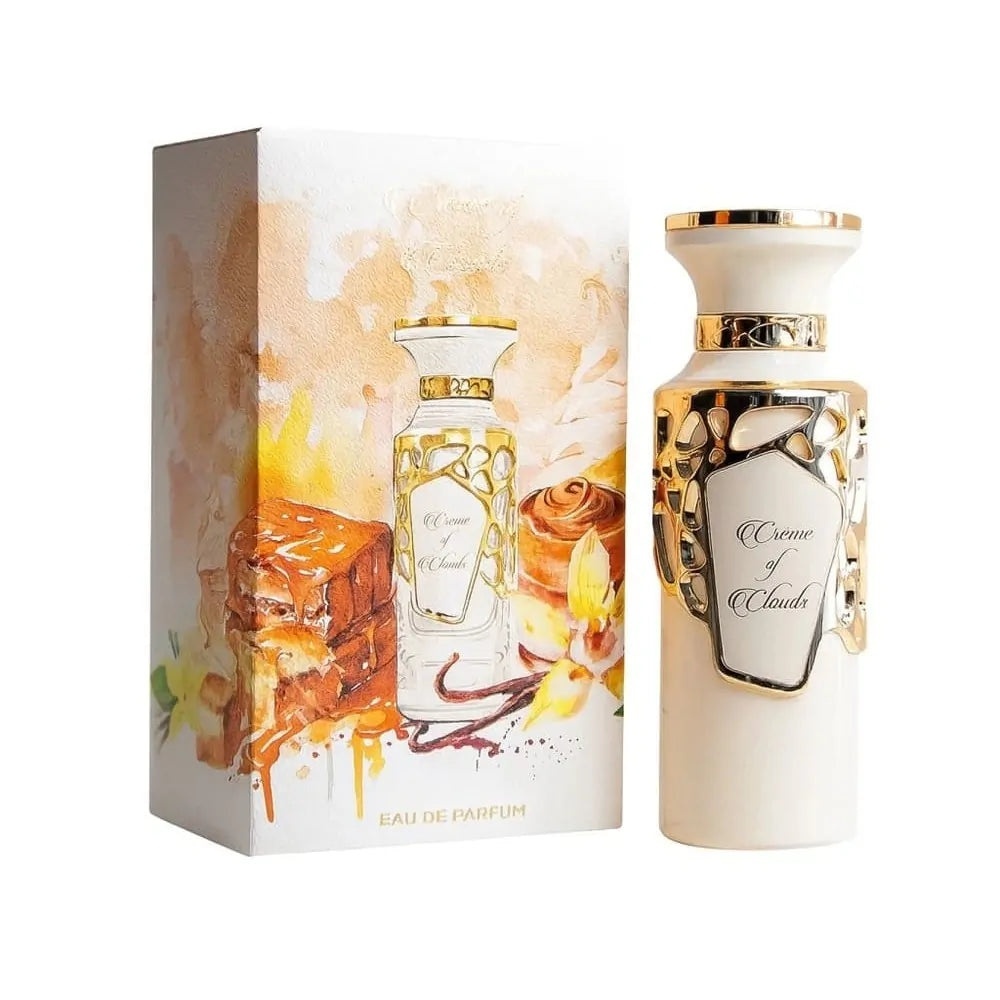 Parfum Fragrance World Creme Of Clouds 100 ml imagine produs pe fundal alb cu flacon alb crem și cutie ilustrată