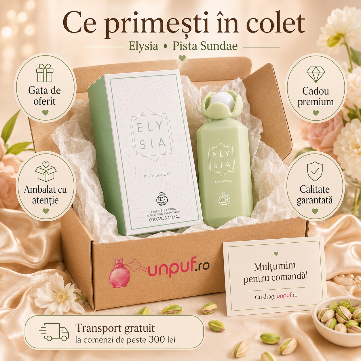 Ce primești în colet Elysia Pista Sundae parfum 100 ml ambalat cu atenție și pregătit pentru cadou