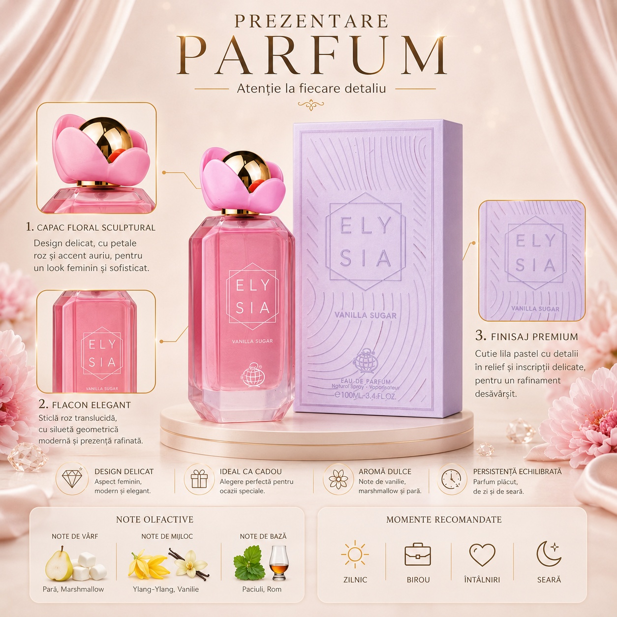 Prezentare parfum Elysia Vanilla Sugar cu detalii despre flacon, capac, cutie și note olfactive
