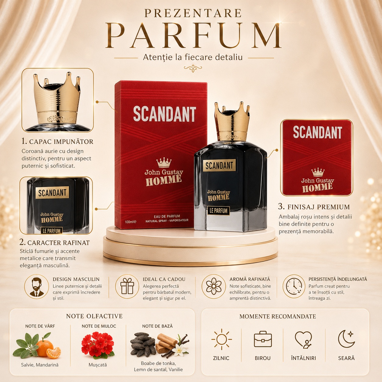Prezentare parfum John Gustav Homme Scandant Fragrance World cu detalii despre flacon, capac, cutie și note olfactive