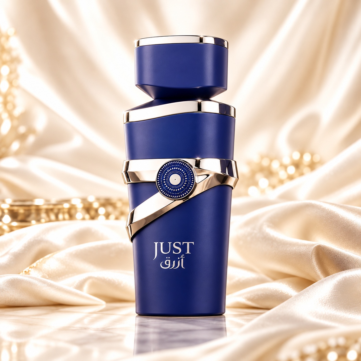 Flacon Just Azraq Fragrance World 100 ml cu design albastru și detalii metalice argintii