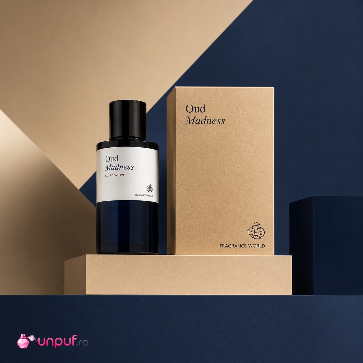Fragrance World Oud Madness parfum arabesc cu prezentare premium albastru, auriu și negru
